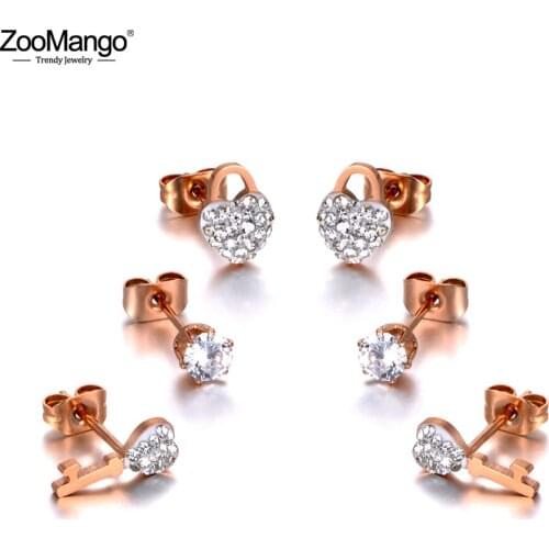 ZooMango Trendy Office/Career Stainless Steel Lock & Key Rhinestone Earrings 3Pair/Set Crystal Earrings For Women Girls ZE20037