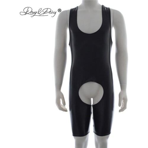 DAVYDAISY Men Sexy Bodysuits Sexy Sheath Latex Catsuits Open Butt PU Leather Sexy Lingerie Teddies Underwear Male Costumes TE512