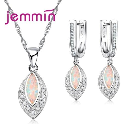 Elegant Women Silver Jewelry Sets Gorgeous Leaf Pendant Fashion Sparkly Opal Necklace Earrings High Quality 925 Sterling Silver