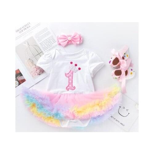 Lovely 3Pcs Baby Girls Summer Set Colorful O-Neck Short-Sleeves Romper Bubble Skirt+Polka Dot Shoes+Bow Headband 0-24Months