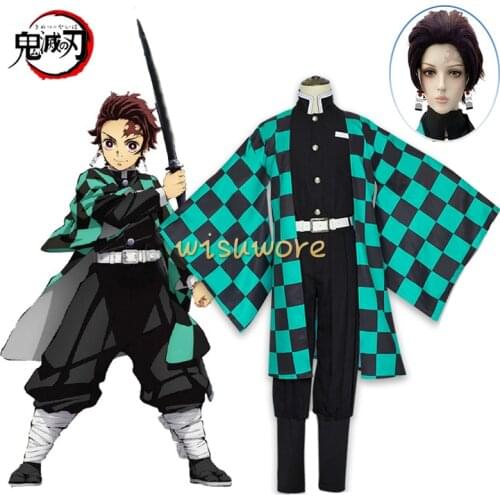 Anime Demon Slayer Kimetsu No Yaiba Cosplay Tanjiro Kamado Cosplay Costumes Suits Wig Halloween Costume for Women& Men