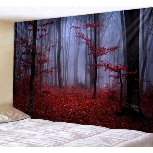 Red psychedelic woods multi-size tapestry forest oil painting tapestry beach picnic mat camping tent mat home wall decoration