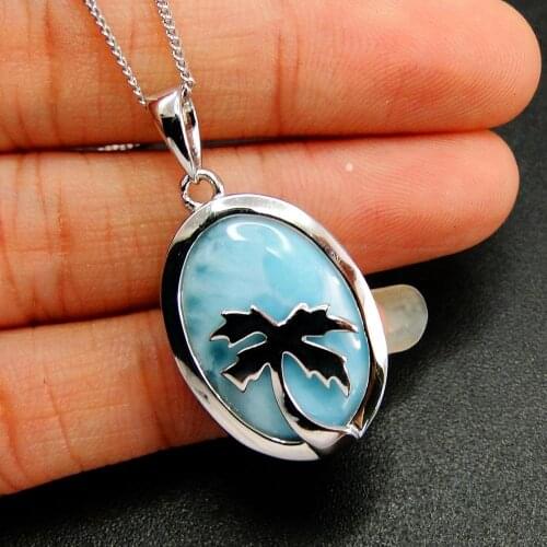 Hot Selling Beautiful 925 Sterling Silver Natural Dominica Larimar Coconut Palm Tree Woments Pendant Necklace For Gift