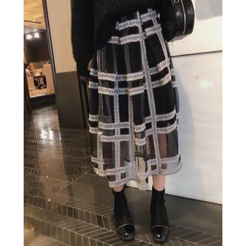 MISHOW 2019 autumn plaid pleated skirt women causal elastic waist mesh Mid-length black skirt MX18D1879