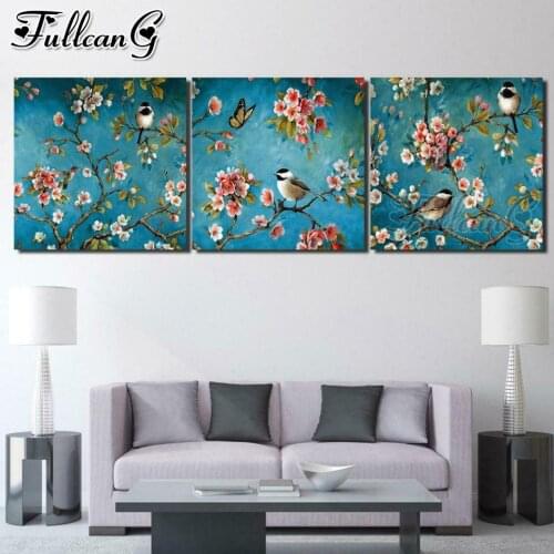 FULLCANG diy diamond embroidery flowers and birds triptych painting full square round drill 5d mosaic pattern kit FC2499