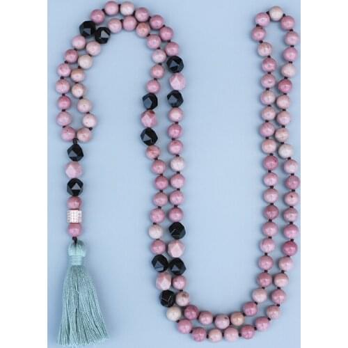 EDOTHALIA Lovely Natural Red Veins Stone & Faceted Black Onyx Beads Necklace For Women Rose Gold Color CZ Pendant Mala Necklace