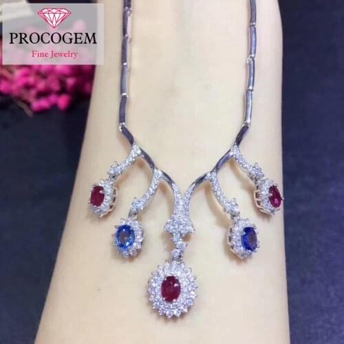 Procogem Fancy Natural Ruby and Sapphire Necklaces for women Party Gifts Real gemstones 925 Sterling Silver Fine Jewelry #320
