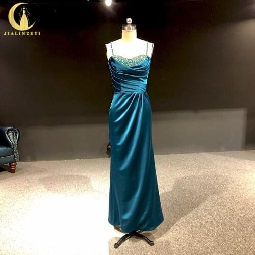 Rhine Real Luxuriou Marchesa Spaghetti Strap Blue Silk Tea-Length With Crystal Evening Dress Long вечернее платье 2021