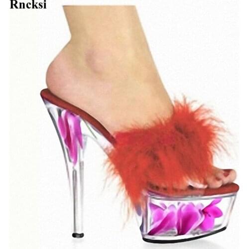 Rncksi New Women Nightclub 15CM High Heels Feathers Slippers Party Queen Shoes Dancing Shoes Open Toe Women Shoes