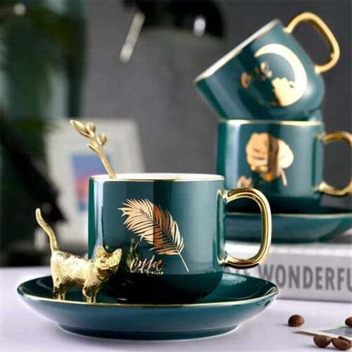 European Light Luxury Ceramic Coffee Cup With Spoon Simple Afternoon Tea Cup Retro Office Porcelain Green Glaze Cup Saucer Set