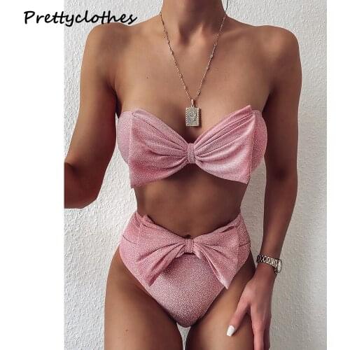Ladies Bow Split Shiny Silk Bikini Swimsuit 2021 New Swimwear Sexy Beachwear Women Clothing Sets Swimming Wear Female Bikinis