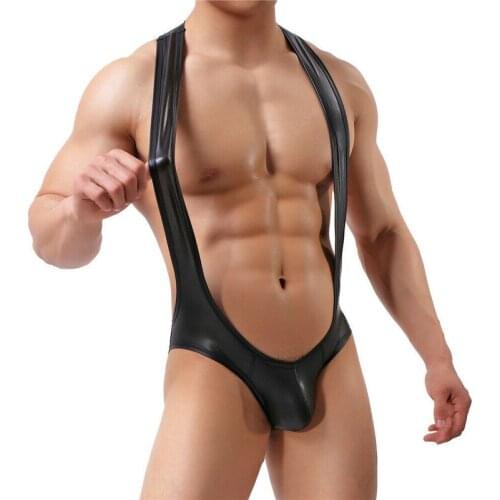 Sexy Men Undershirt Jockstrap PU Leather Bodysuit Leotard Wrestling Singlet Jumpsuit Backless Clubwear Bugle Pouch Gay Underwear