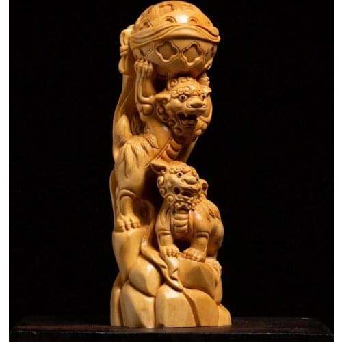 Double Lion Dance Ball, Chinese Style Traditional Feng Shui Sculpture, Stone, Boutique, Solid Wood Decoration LOVE