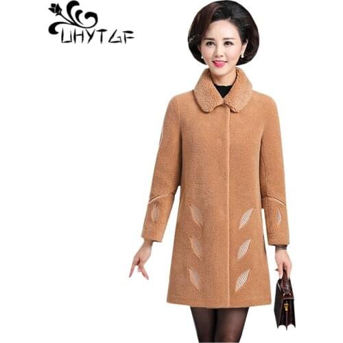 UHYTGF Quality sheep sheared winter fur coat solid color wild Casual warm plus size coats Fashion mink collar women fur coat 460