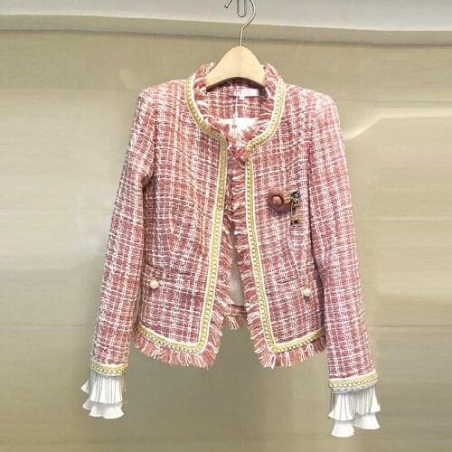Elegant Pink Plaid Tweed Jacket Autumn Winter Womens Woolen Fringed Trim Tassels Brooch Long Sleeve Pearls Short Jacket Coat