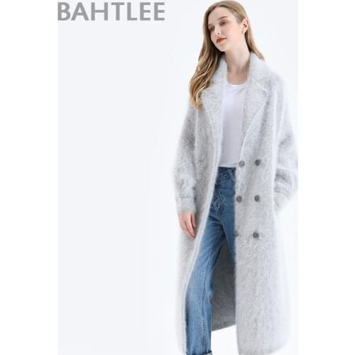 BAHTLEE Women Angora Double Breasted Long Coat Sweater Winter Wool Knitted Cardigans Jumper Turn Down Collar Lantern Sleeves