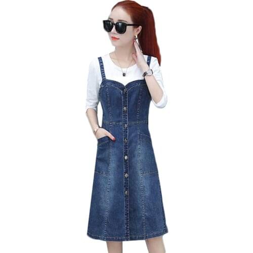 Women Strap Denim Dresses Sets 2020 New Summer Short T-shirt+Sling Jeans Dress 2 Piece Set Loose Female Dress Overalls Suit Y125