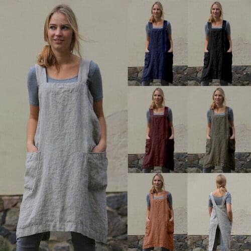 UK Womens Cotton Linen Cross Back Apron Japanese Housework Wrap Pinafore Dress