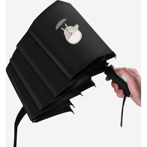 Anime Totoro Cat My Neighbor Automatic Umbrella Tri-Folding Cartoon Windproof Foldable Sun Rain Pocket Black Umbrella