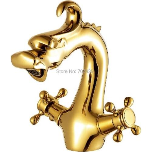 Free shipping Solid brass Bathroom Sink Faucet cute dragon gold faucet