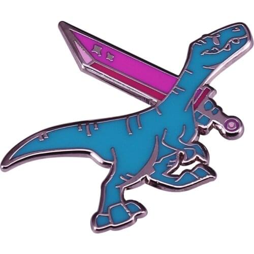 A Raging Raptor with a giant buster sword ready to fight badge pin