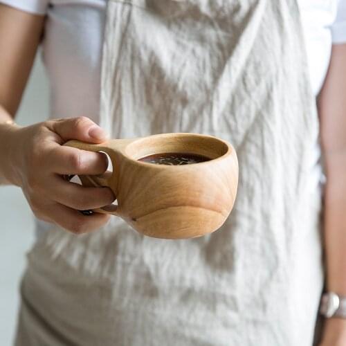 Vintage Style Wooden Mugs with Handgrip and Rope Natural Solid Wood Creative Milk/Coffee Mugs Easy Carry Travelling