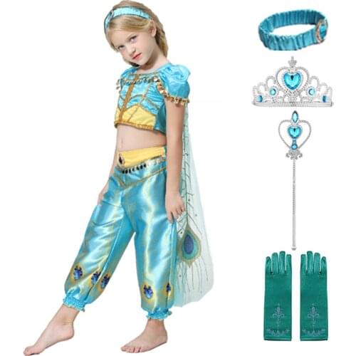 Girls Kid Summer Jasmine Princess Dance Dress Wig Aladdin Halloween Christmas Performance Costume Top Skirt Pant Two piece Set