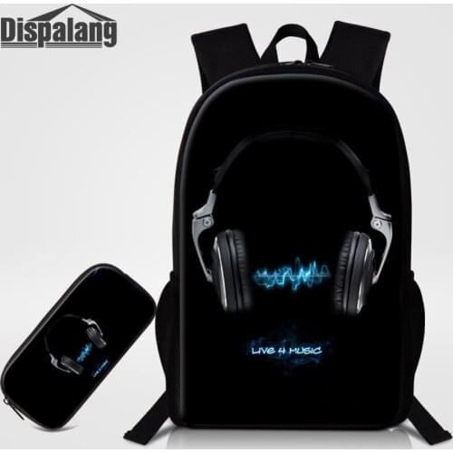 Dispalang 2pcs Set Women Backpack with Pencil Bag Music Headset Print School Bags for Teenager Live 4 Music Book Bag Pencil Case