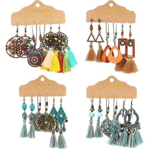 Indian Jewelry Vintage Women Ethnic Big Round Geometric Water Drop Earrings Set Handmade Gypsy Fringed Tassel Earring Orecchini