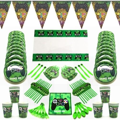 Game On Video Green Disposable Tableware Set Game Controller Plate/Napkin/Flag Decor Happy Birthday Party Decor Kids Boy Favor