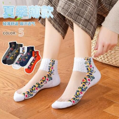 5 Pairs Women Cotton Socks Summer Ladies Crystal Silk Thin Kore Version Jap Retro Ethnic Floral Socks Breathable Silk Socks