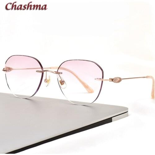 Chashma Round Prescrpiton Glasses Diamond Women Titanium Rimless Optical Frames Gradient Colored Lenses