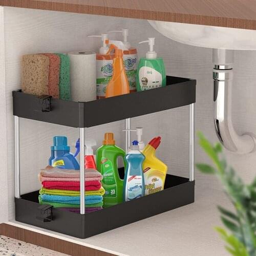 Under Sink Organizer 2 Tier Under Sink Storage Organizer Bathroom Standing Rack Bath Collection Slide-Out Baskets