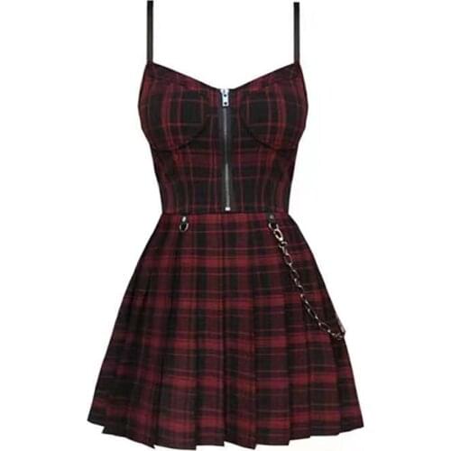 Summer 2020 Gothic Girls Sexy Strap Dress High Waist Zipper Up Pleated Plaid Vestidos Women Sleeveless Short Mini Dresses
