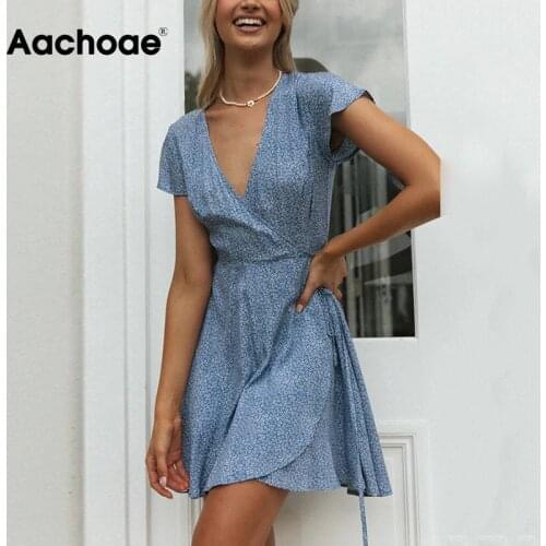 Aachoae Summer V Neck Beach Wrap Dress Women Printed Boho Mini Dresses 2021 Short Sleeve Casual Ladies Sundress Vestidos Mujer