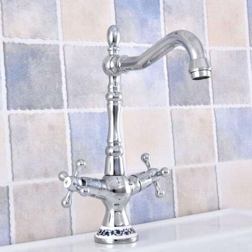 Polished Chrome Bathroom Sink Faucet 360 Degree Rotation Spout Double Cross Handle Brass Bath Sink Mixer Taps Nsf669