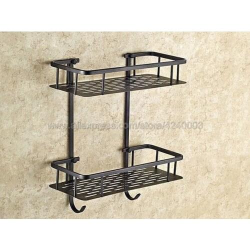 Bathroom Shelves Black Brass Two Layer Wall Rack Towel Hooks Washing Shower Cosmetic Basket Home Accessories Bath Shelf Kba530