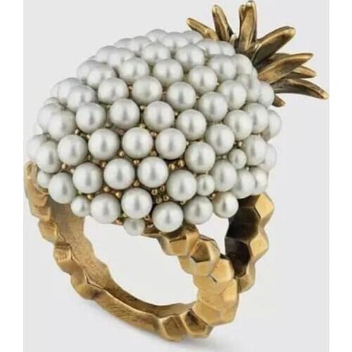 Rongho Design Baroque Vintage Pearl Pineapple Rings for Women Fashion Jewelry Gold Statement Ring Fruit Bijoux 2020