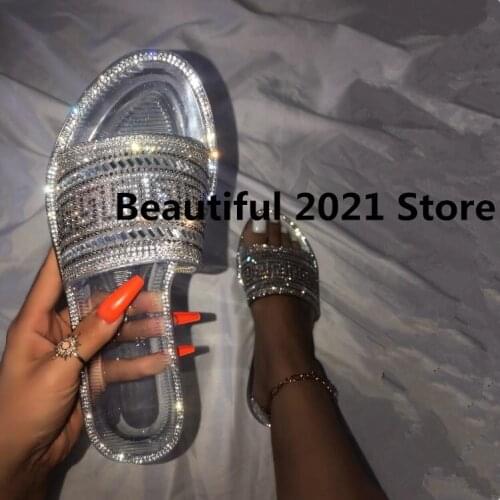 2021 women new round head home flat slippers diamond sequins word jelly transparent color casual home sandals/slippers