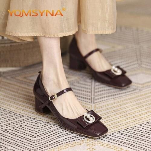 YQMSY Fashion Womens Pumps Large Size 34-43 Square Heel Square Toe Shoes Buckle Butterfly-knot Pearl Mary Janes Shoes AS237