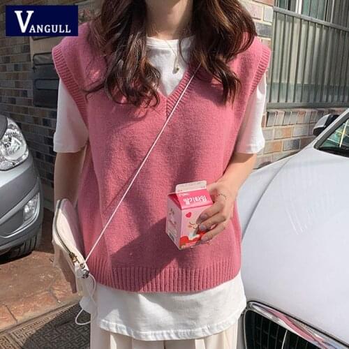 Vangull Fashion Solid Pink Women Vest Autumn New Knitted Student Pullovers V-Neck Sleeveless Tanks Slim All-match Sweater Vest