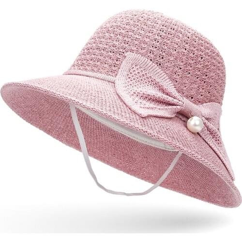 2019Summer new bow cool hat ladies outdoor sunscreen beach basin cap big pearl sunshade hat with windproof rope