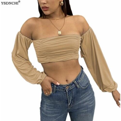 YSNDCHI Womens Short Tshirt Off Shoulder Casual Long Sleeve Fashion Crop Top Ladies Street Clubwear Tee Shirt Backless Polyester