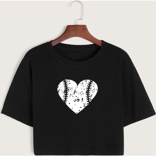 Heart Baseball Womens Crop Shirt Cropped T-Shirt Crop Top Tee Summer Short Sleeve Cotton Tops Female Girls Graphic T-Shirts