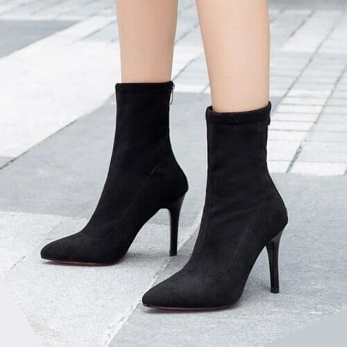 Mid-barrel boots Elastic Boots Pointed Toe Thin Heels Boots For Women botines mujer 2019 botines Black ankle boots 76C46