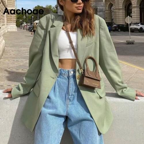 Aachoae 2021 Women Fashion Solid Candy Color Blazers Vintage Long Sleeve Single Button Blazer Suits Autumn Female Loose Tops