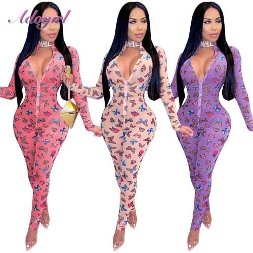 Casual Butterfly Print Long Sleeve Zippers V Neck Jumpsuit Women Sexy Sheer Mesh See Through Party Club Rompers Outfit Overalls