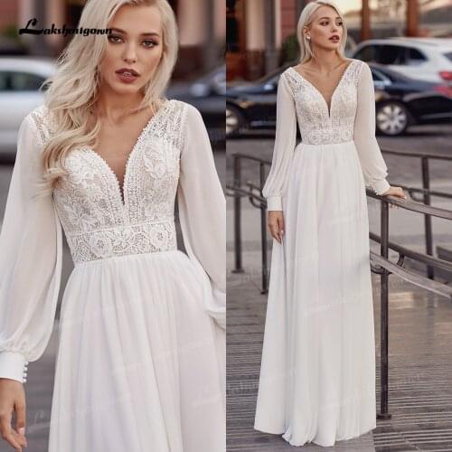 Bohemian Long Sleeve Wedding Dresses Boho 2021 V-neck robe longue Simple White Chiffon Beach Bridal Gowns Vestidos De Novia