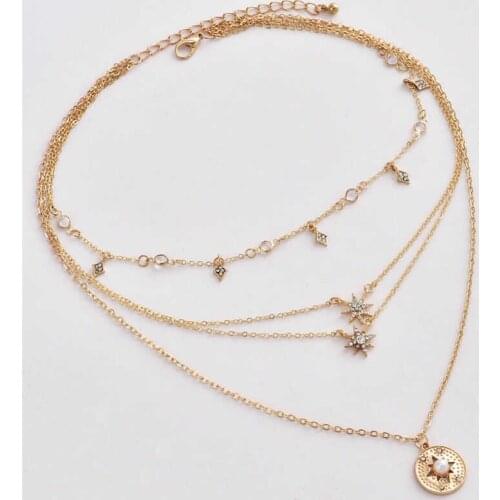 Vintage Multilayer Crystal Pendant Necklace Women Gold Color Beads Moon Star Horn Crescent Choker Necklaces Jewelry New