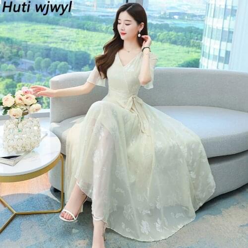 2021 Vintage Casual Long Robe Dress Summer Women Elegant Jacquard Bodycon Party Vestidos Floral Chiffon Boho Beach Maxi Sundress